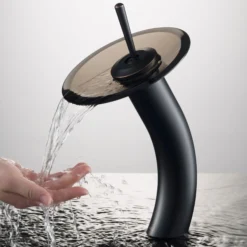 Waterfall Bathroom Faucet with Clear Brown Glass Disk and Pop-Up Drain in Oil Rubbed Bronze