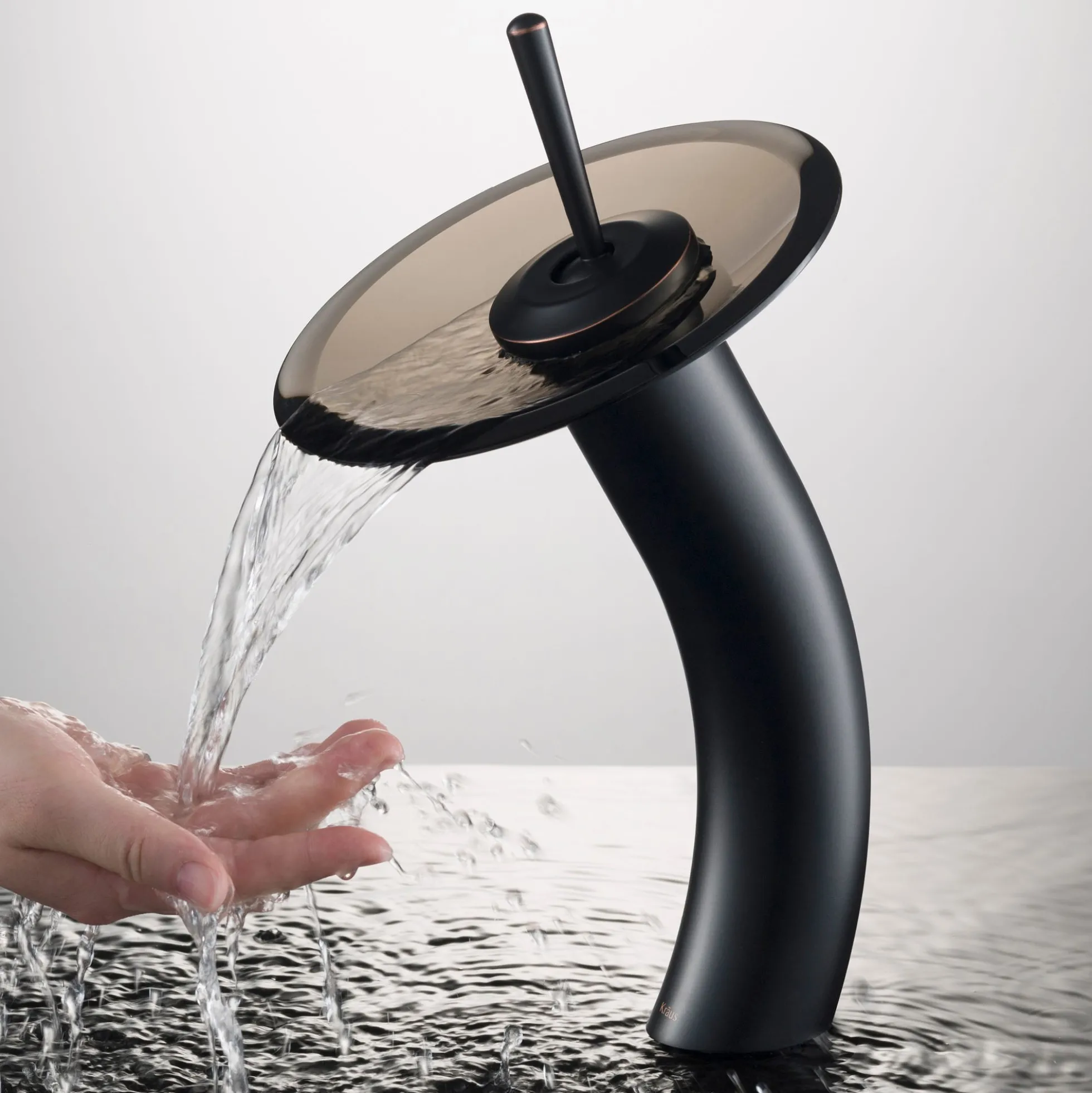 Waterfall Bathroom Faucet with Clear Brown Glass Disk and Pop-Up Drain in Oil Rubbed Bronze