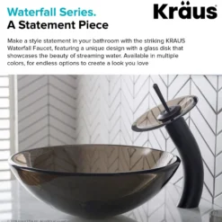 Waterfall Bathroom Faucet with Clear Brown Glass Disk and Pop-Up Drain in Oil Rubbed Bronze