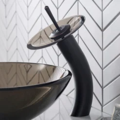 Waterfall Bathroom Faucet with Clear Brown Glass Disk and Pop-Up Drain in Oil Rubbed Bronze