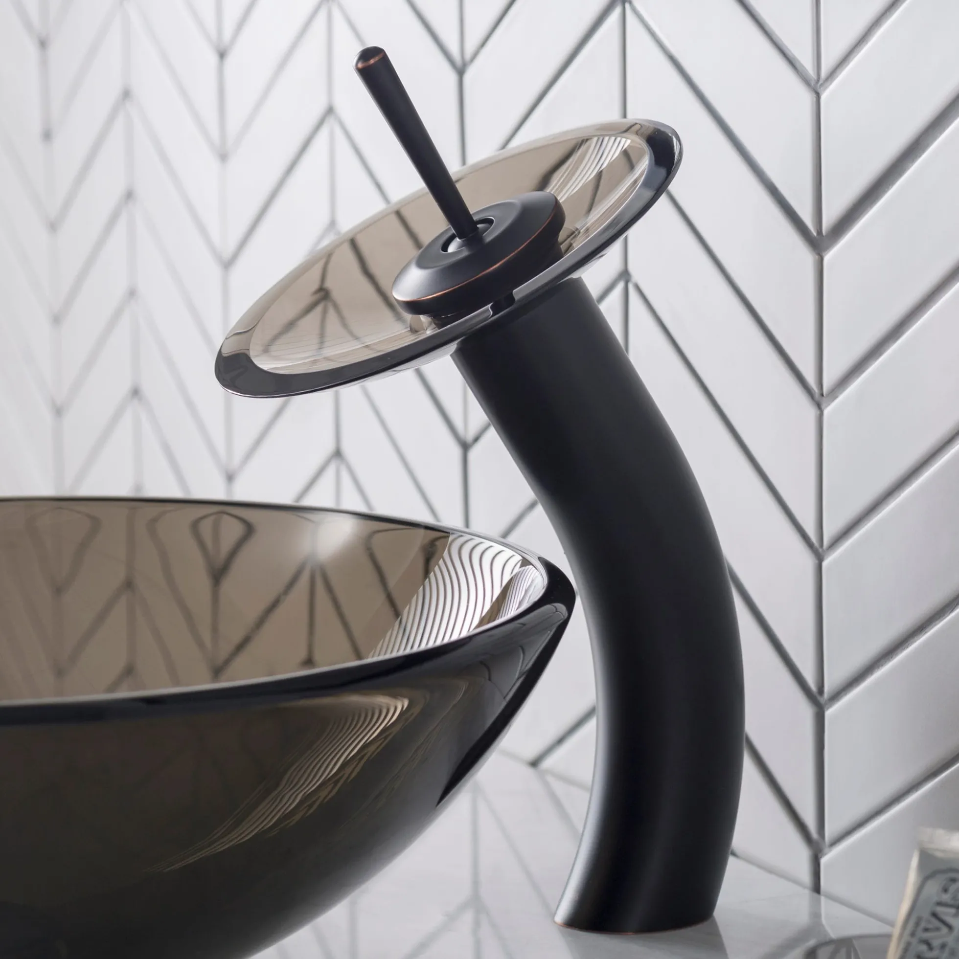 Waterfall Bathroom Faucet with Clear Brown Glass Disk and Pop-Up Drain in Oil Rubbed Bronze