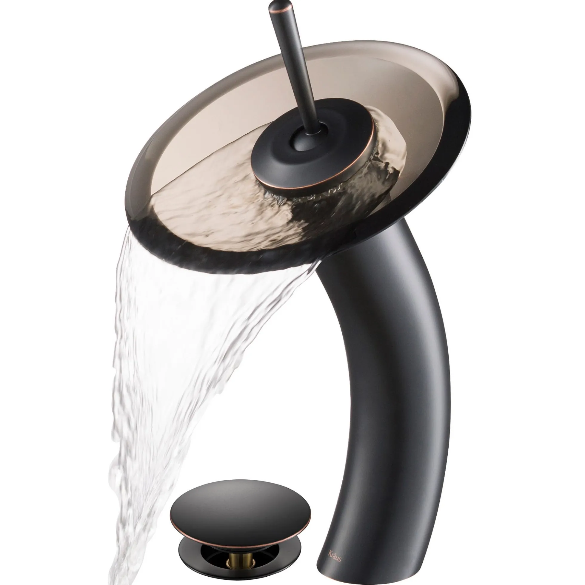 Waterfall Bathroom Faucet with Clear Brown Glass Disk and Pop-Up Drain in Oil Rubbed Bronze