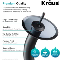 Waterfall Bathroom Faucet with Clear Black Glass Disk and Pop-Up Drain in Oil Rubbed Bronze