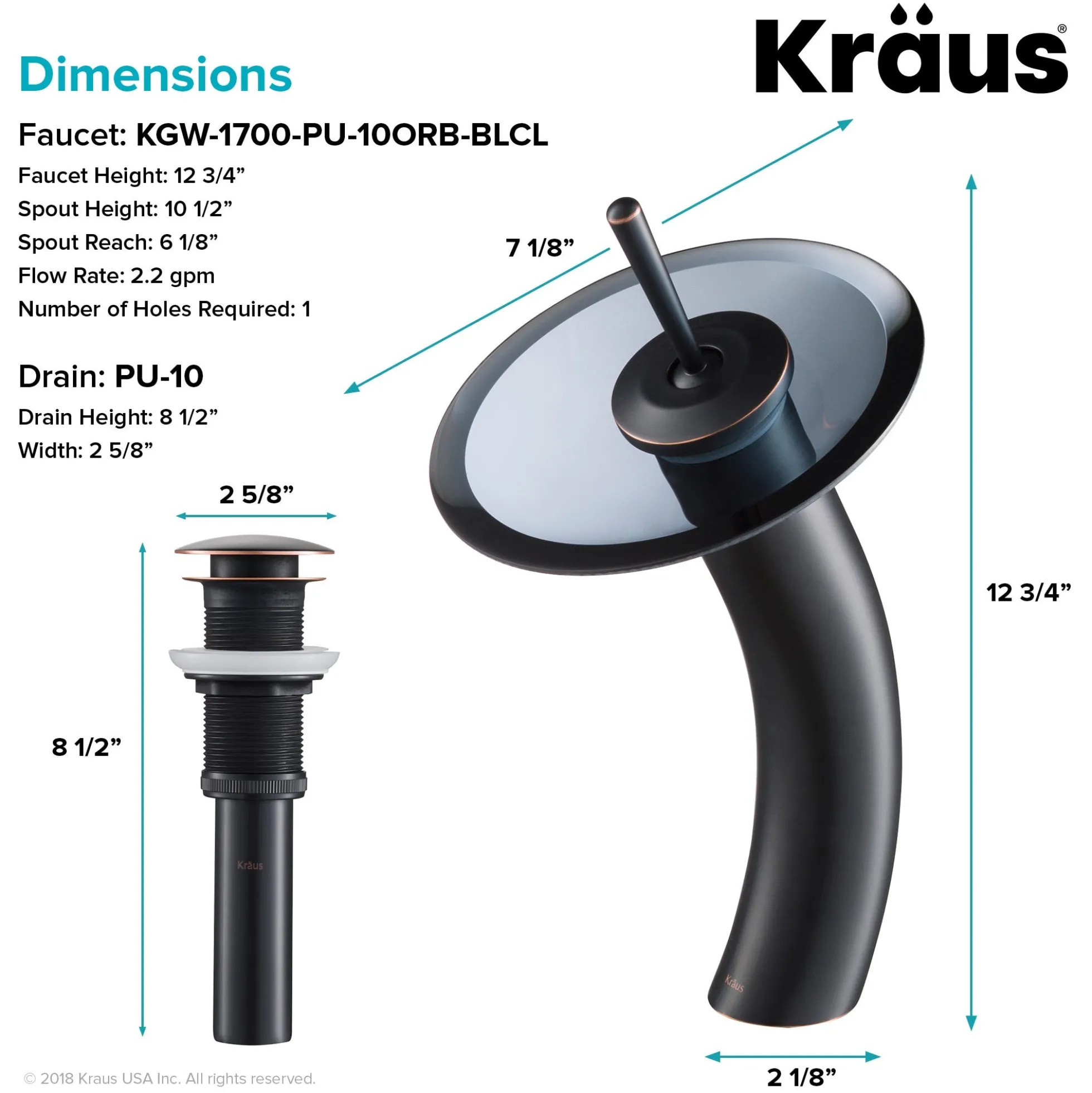 Waterfall Bathroom Faucet with Clear Black Glass Disk and Pop-Up Drain in Oil Rubbed Bronze