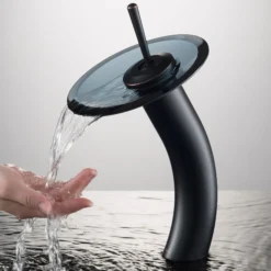Waterfall Bathroom Faucet with Clear Black Glass Disk and Pop-Up Drain in Oil Rubbed Bronze