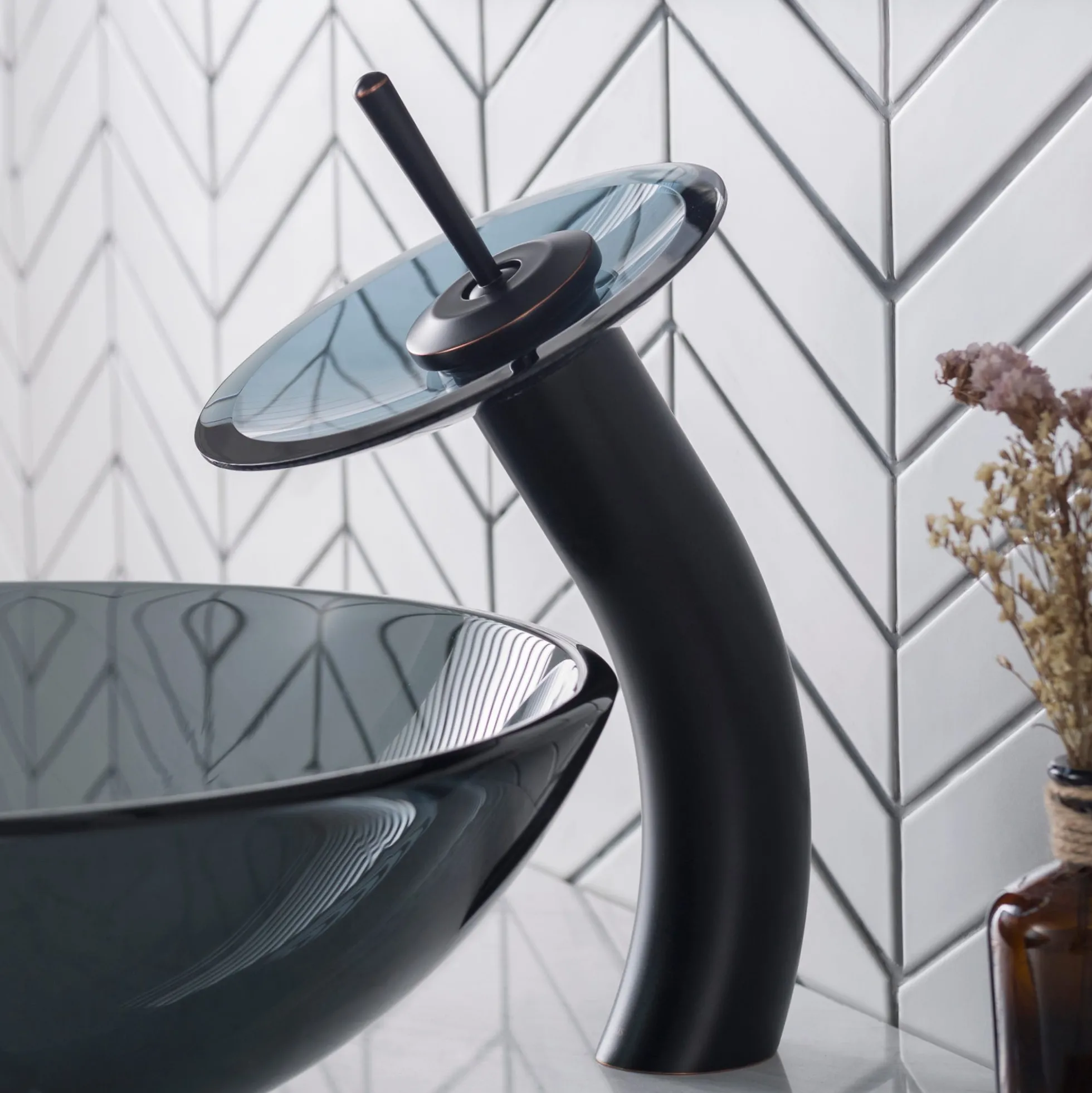 Waterfall Bathroom Faucet with Clear Black Glass Disk and Pop-Up Drain in Oil Rubbed Bronze