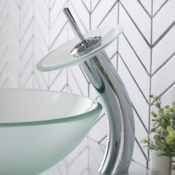 Waterfall Bathroom Faucet with Frosted Glass Disk and Pop-Up Drain in Chrome