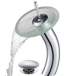Waterfall Bathroom Faucet with Frosted Glass Disk and Pop-Up Drain in Chrome