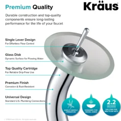 Waterfall Bathroom Faucet with Frosted Glass Disk and Pop-Up Drain in Chrome