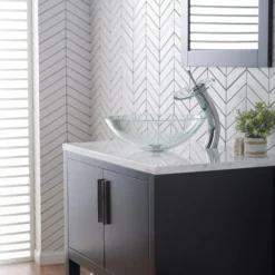 Waterfall Bathroom Faucet with Clear Glass Disk and Pop-Up Drain in Chrome