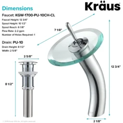 Waterfall Bathroom Faucet with Clear Glass Disk and Pop-Up Drain in Chrome