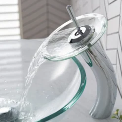 Waterfall Bathroom Faucet with Clear Glass Disk and Pop-Up Drain in Chrome
