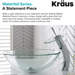 Waterfall Bathroom Faucet with Clear Glass Disk and Pop-Up Drain in Chrome