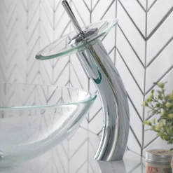 Waterfall Bathroom Faucet with Clear Glass Disk and Pop-Up Drain in Chrome