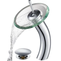 Waterfall Bathroom Faucet with Clear Glass Disk and Pop-Up Drain in Chrome