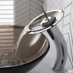 Waterfall Bathroom Faucet with Clear Brown Glass Disk and Pop-Up Drain in Chrome