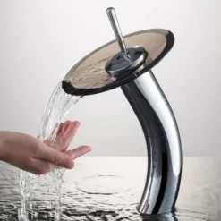 Waterfall Bathroom Faucet with Clear Brown Glass Disk and Pop-Up Drain in Chrome