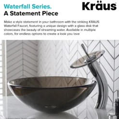 Waterfall Bathroom Faucet with Clear Brown Glass Disk and Pop-Up Drain in Chrome