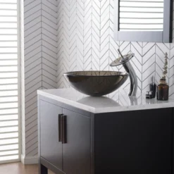 Waterfall Bathroom Faucet with Clear Brown Glass Disk and Pop-Up Drain in Chrome