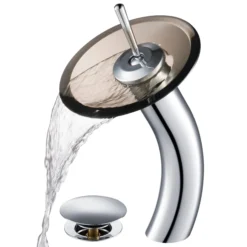 Waterfall Bathroom Faucet with Clear Brown Glass Disk and Pop-Up Drain in Chrome