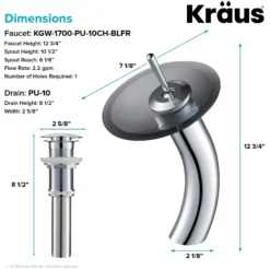 Waterfall Bathroom Faucet with Frosted Black Glass Disk and Pop-Up Drain in Chrome