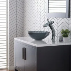 Waterfall Bathroom Faucet with Frosted Black Glass Disk and Pop-Up Drain in Chrome