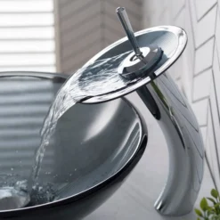 Waterfall Bathroom Faucet with Frosted Black Glass Disk and Pop-Up Drain in Chrome