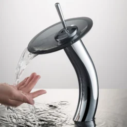 Waterfall Bathroom Faucet with Frosted Black Glass Disk and Pop-Up Drain in Chrome