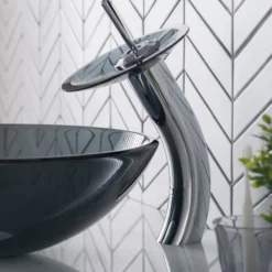 Waterfall Bathroom Faucet with Frosted Black Glass Disk and Pop-Up Drain in Chrome