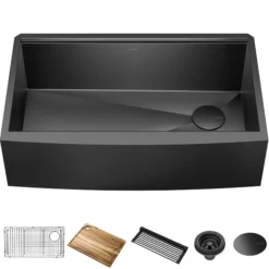 Workstation 33” Apron Front Farmhouse 16 Gauge Black Stainless Steel Single Bowl Kitchen Sink in PVD Gunmetal Finish with Accessories
