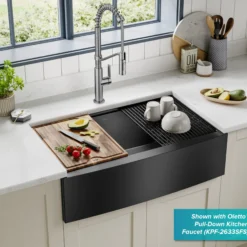 Workstation 33” Apron Front Farmhouse 16 Gauge Black Stainless Steel Single Bowl Kitchen Sink in PVD Gunmetal Finish with Accessories