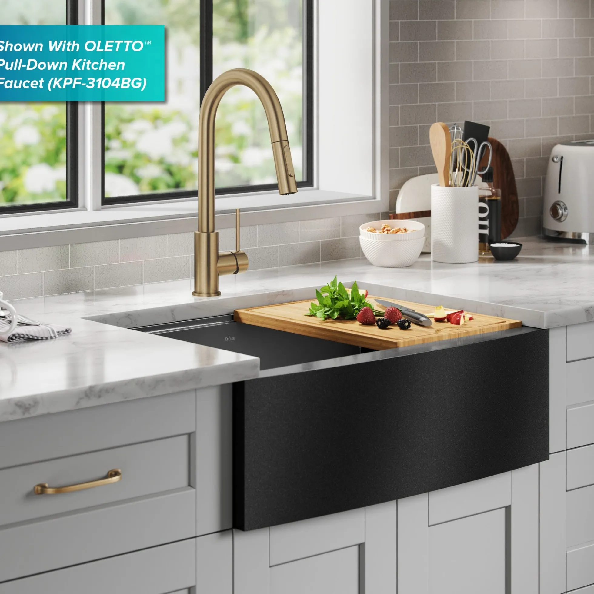 Workstation 27” Apron Front Farmhouse 16 Gauge Black Stainless Steel Single Bowl Kitchen Sink in PVD Gunmetal Finish with Accessories