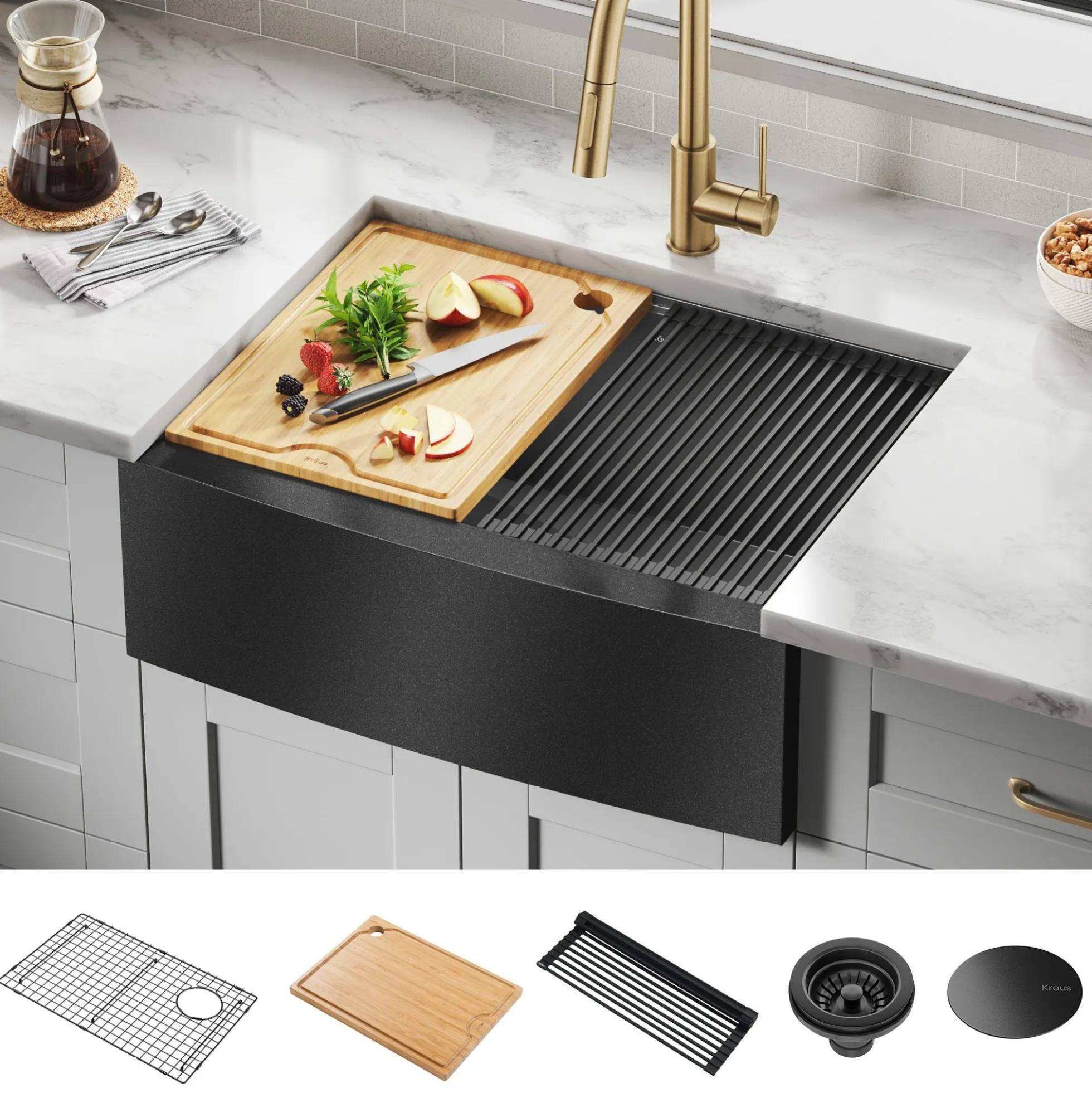 Workstation 27” Apron Front Farmhouse 16 Gauge Black Stainless Steel Single Bowl Kitchen Sink in PVD Gunmetal Finish with Accessories