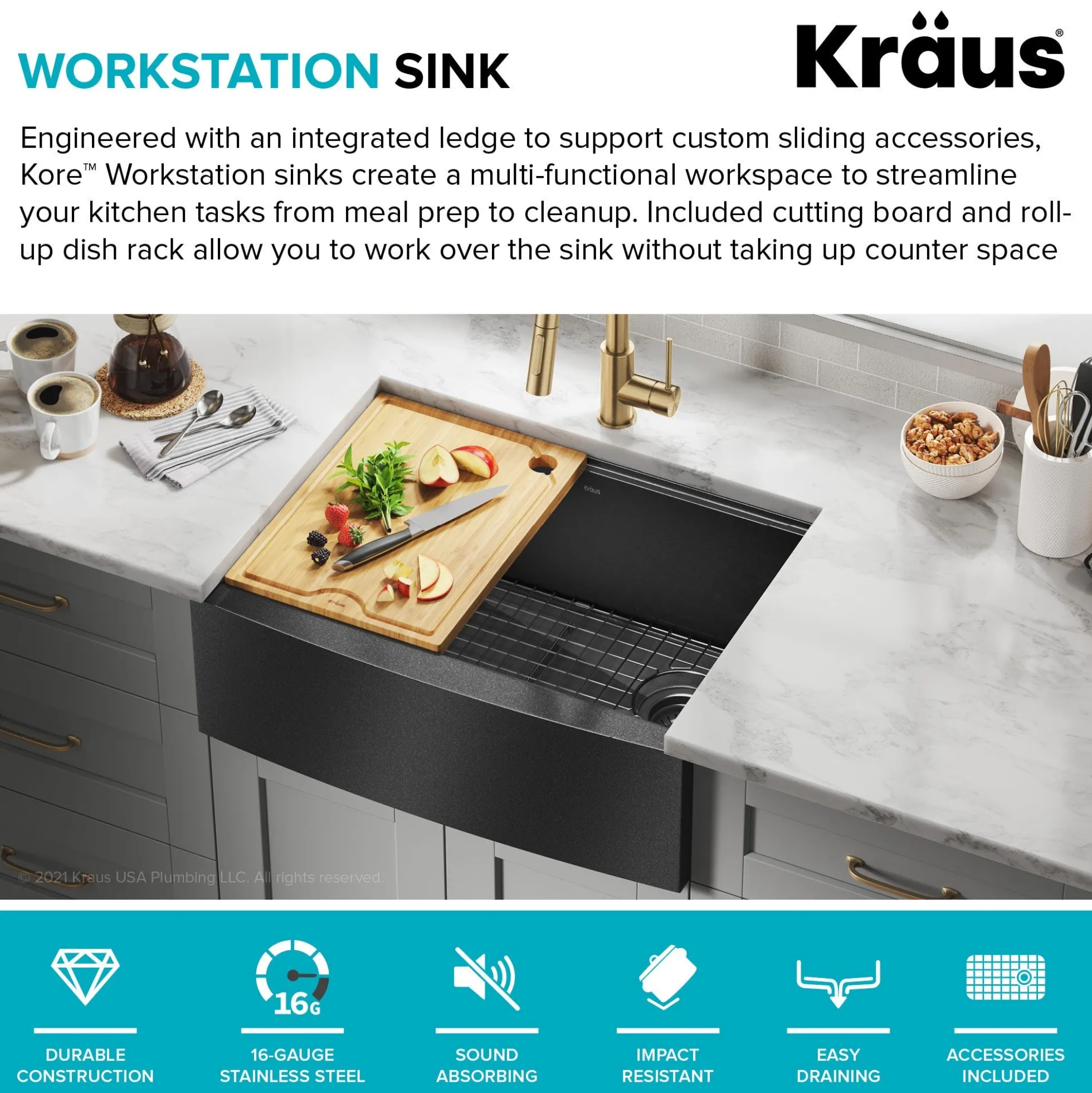 Workstation 27” Apron Front Farmhouse 16 Gauge Black Stainless Steel Single Bowl Kitchen Sink in PVD Gunmetal Finish with Accessories