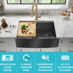 Workstation 27” Apron Front Farmhouse 16 Gauge Black Stainless Steel Single Bowl Kitchen Sink in PVD Gunmetal Finish with Accessories