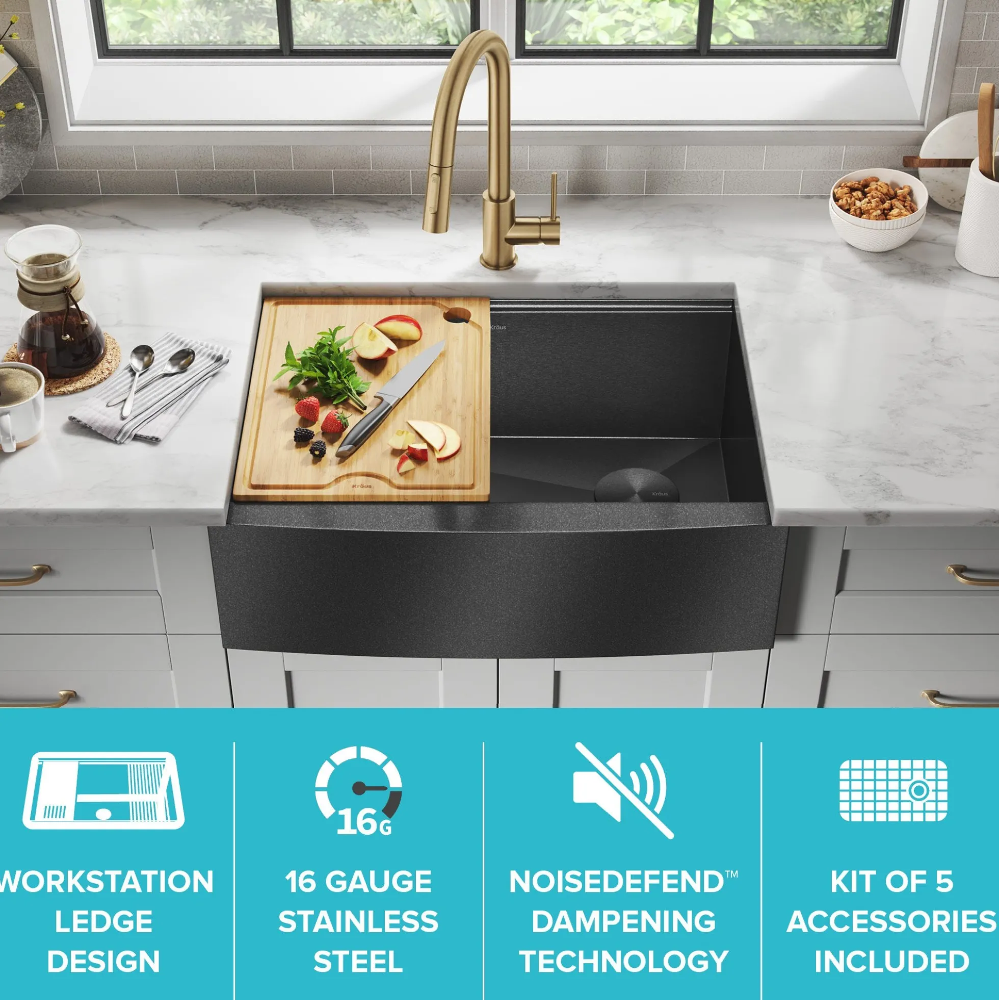 Workstation 27” Apron Front Farmhouse 16 Gauge Black Stainless Steel Single Bowl Kitchen Sink in PVD Gunmetal Finish with Accessories