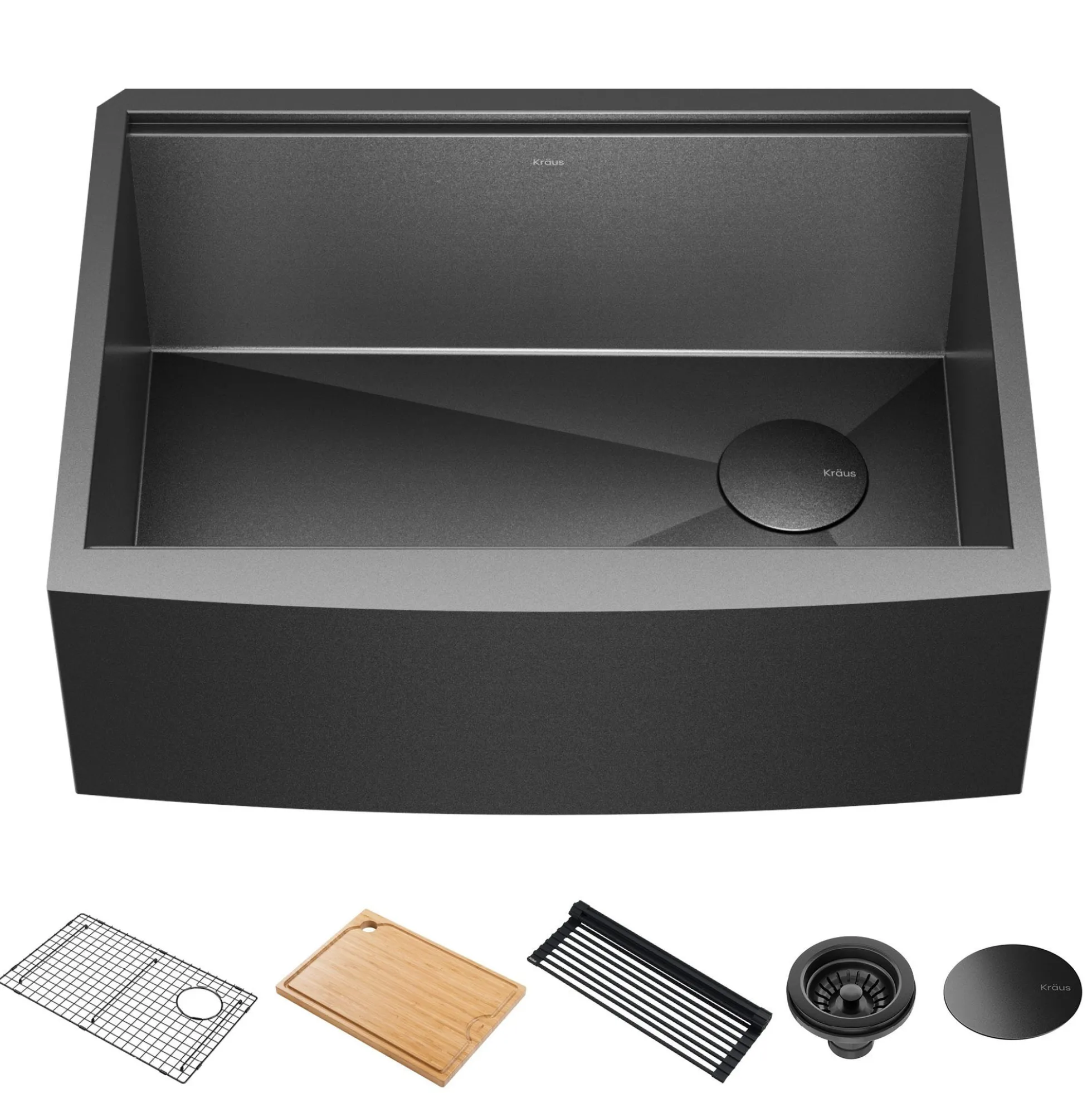 Workstation 27” Apron Front Farmhouse 16 Gauge Black Stainless Steel Single Bowl Kitchen Sink in PVD Gunmetal Finish with Accessories