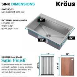 Workstation 33" Drop-In 16 Gauge Stainless Steel Single Bowl Kitchen Sink with Accessories