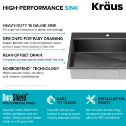 Workstation 33” Drop-In / Top Mount 16 Gauge Black Stainless Steel Single Bowl Kitchen Sink in PVD Gunmetal Finish with Accessories