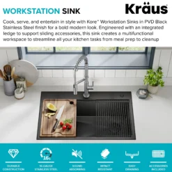 Workstation 33” Drop-In / Top Mount 16 Gauge Black Stainless Steel Single Bowl Kitchen Sink in PVD Gunmetal Finish with Accessories