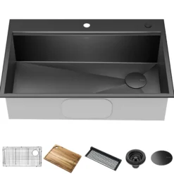 Workstation 33” Drop-In / Top Mount 16 Gauge Black Stainless Steel Single Bowl Kitchen Sink in PVD Gunmetal Finish with Accessories