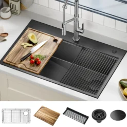 Workstation 33” Drop-In / Top Mount 16 Gauge Black Stainless Steel Single Bowl Kitchen Sink in PVD Gunmetal Finish with Accessories