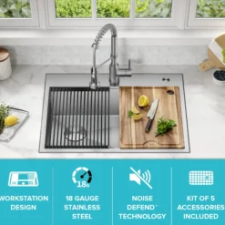 Workstation 28” Drop-In / Undermount 18 Gauge Stainless Steel Single Bowl Kitchen Sink with Accessories