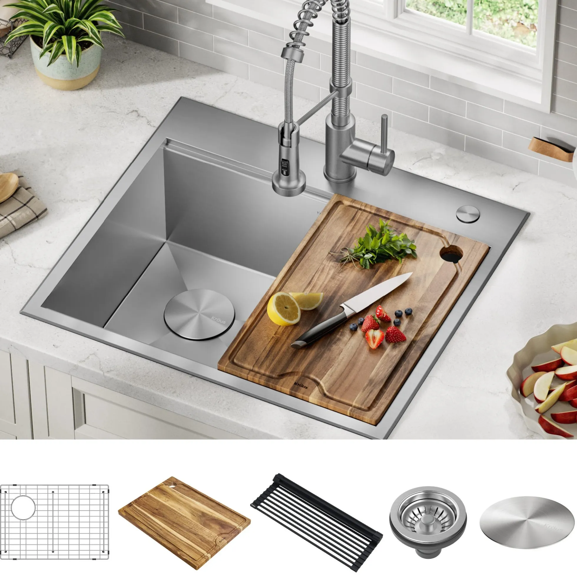 Workstation 25" Dual Mount 18 Gauge Stainless Steel Single Bowl Kitchen Sink with Accessories