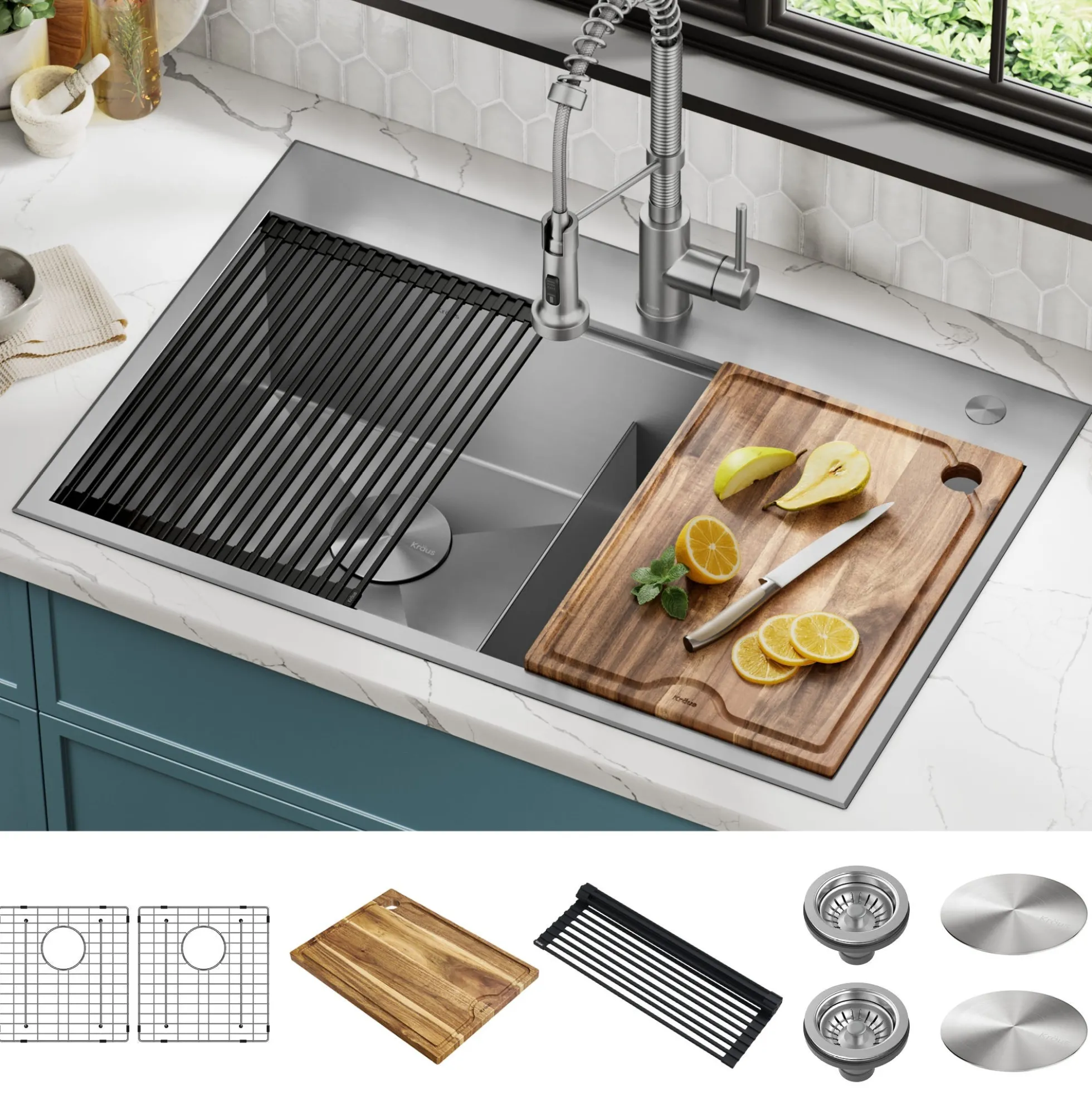 Workstation 33" Dual Mount 18 Gauge Stainless Steel 50/50 Double Bowl Kitchen Sink with Accessories