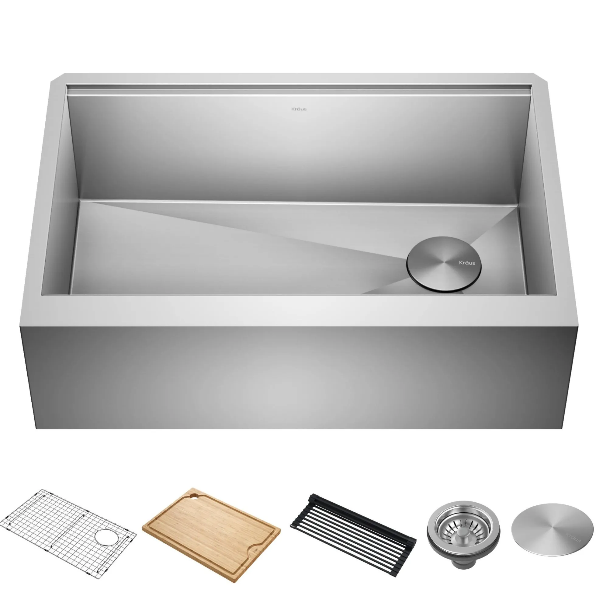 Workstation 30" Flat Apron Front Farmhouse 16 Gauge Stainless Steel Single Bowl Kitchen Sink with Accessories