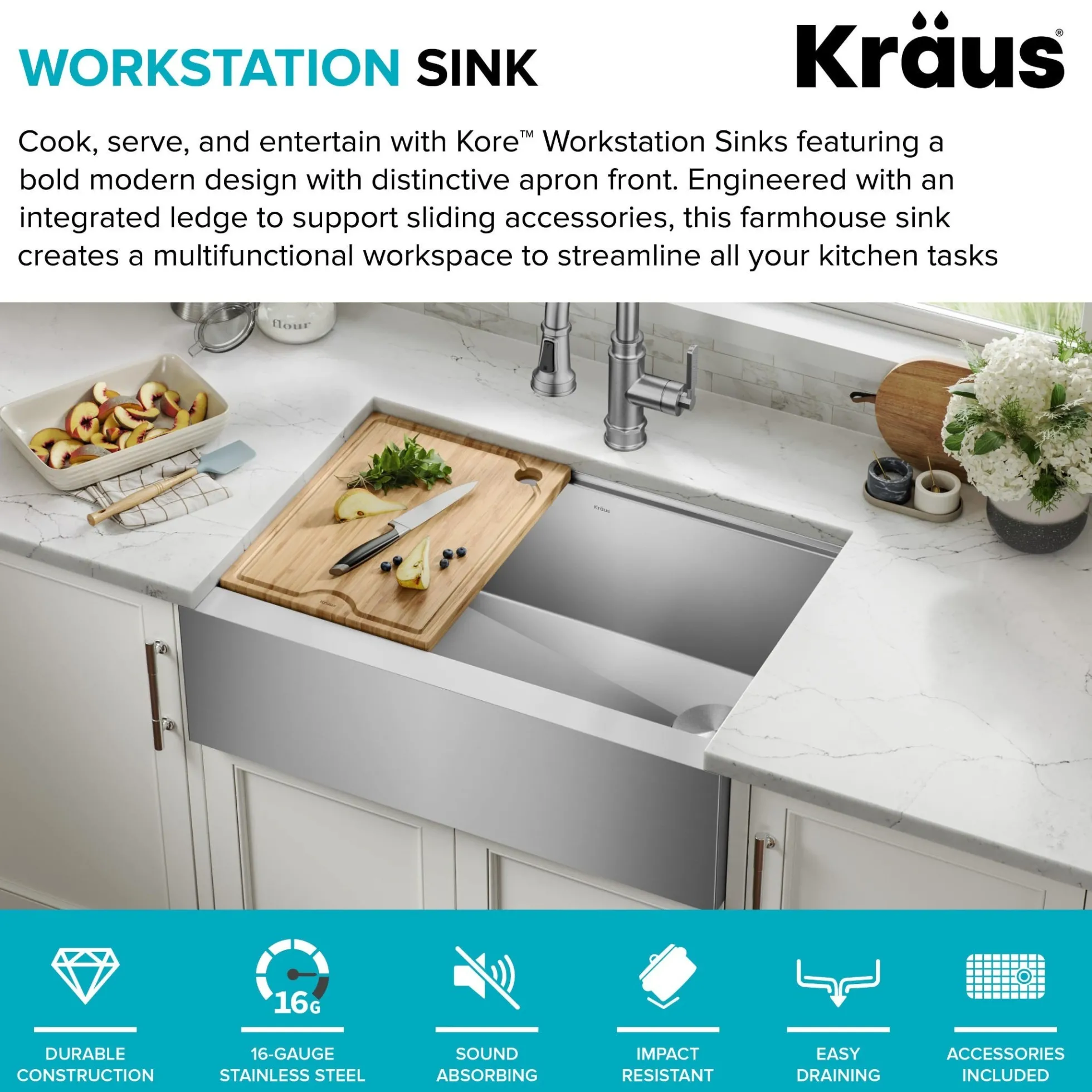 Workstation 30" Flat Apron Front Farmhouse 16 Gauge Stainless Steel Single Bowl Kitchen Sink with Accessories