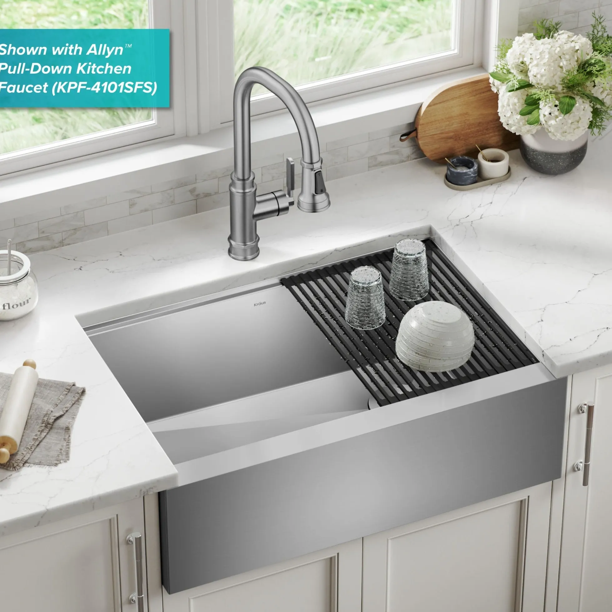 Workstation 30" Flat Apron Front Farmhouse 16 Gauge Stainless Steel Single Bowl Kitchen Sink with Accessories