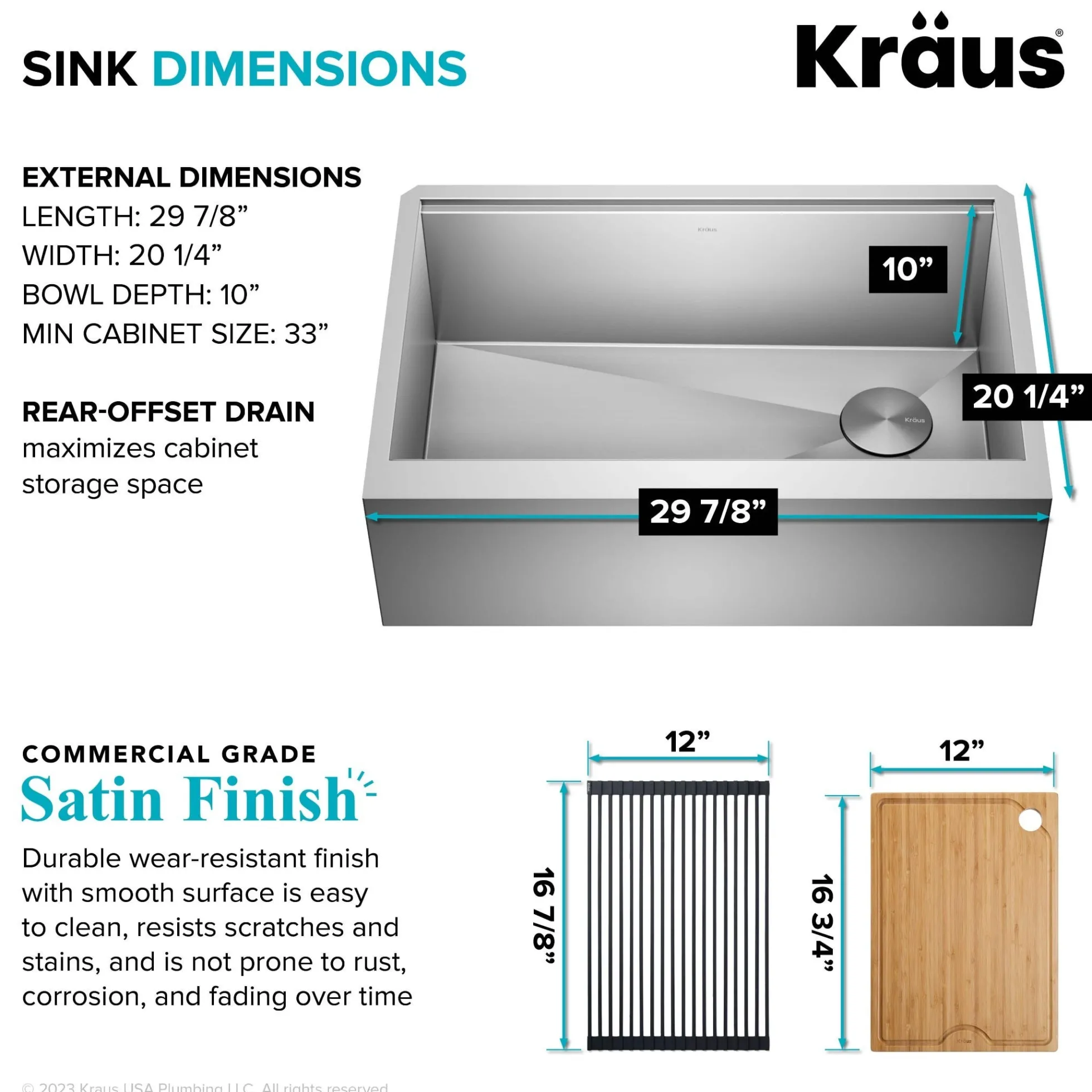 Workstation 30" Flat Apron Front Farmhouse 16 Gauge Stainless Steel Single Bowl Kitchen Sink with Accessories