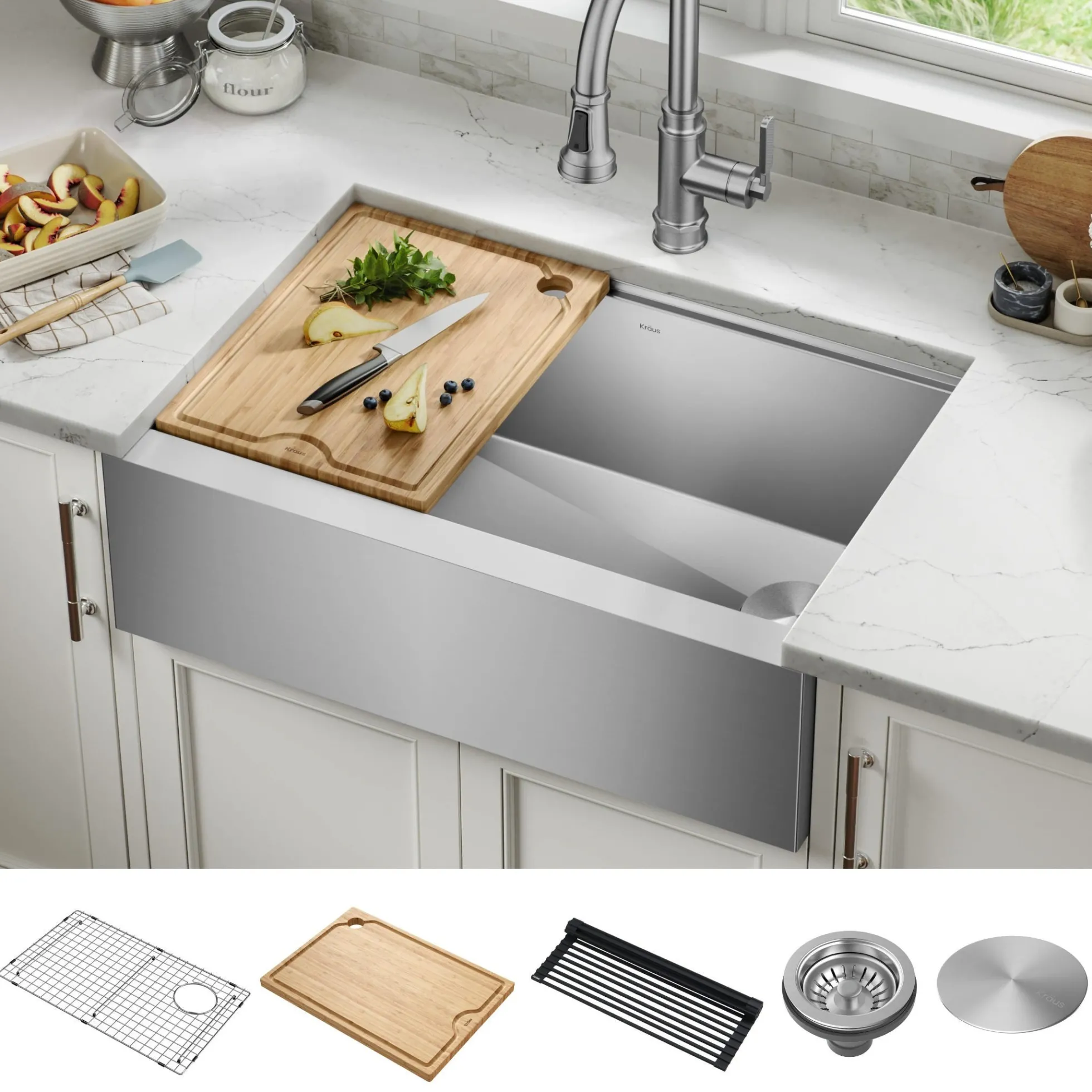 Workstation 30" Flat Apron Front Farmhouse 16 Gauge Stainless Steel Single Bowl Kitchen Sink with Accessories